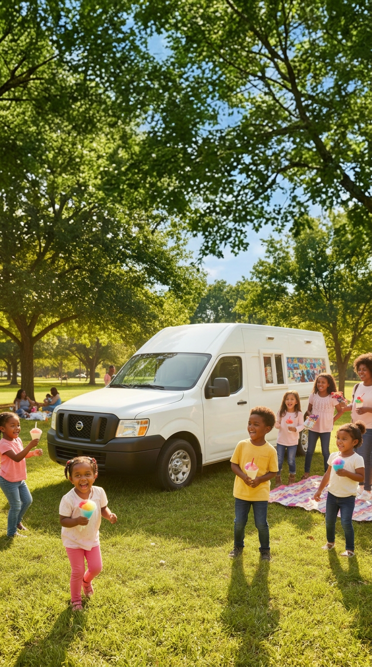 Kids enjoying treats around the Rollin Snacks truck at a park party